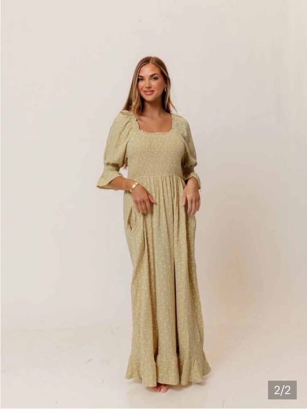 Smocked Square-Neck Maxi Dress in Sage Green